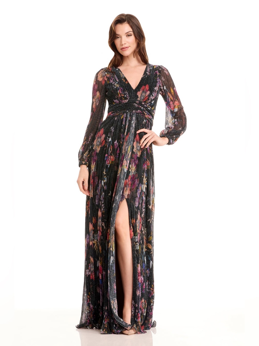 NWT Dress The Population XS Pauline Gown Black Floral Metallic Plisse Maxi Slit